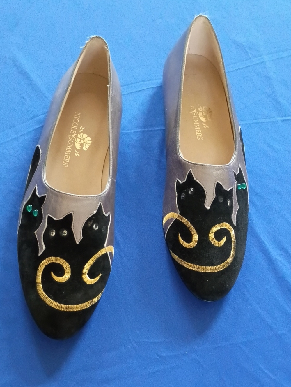 Nicole Summers Silver and Black Cat Embroidered Slip-On Flats
